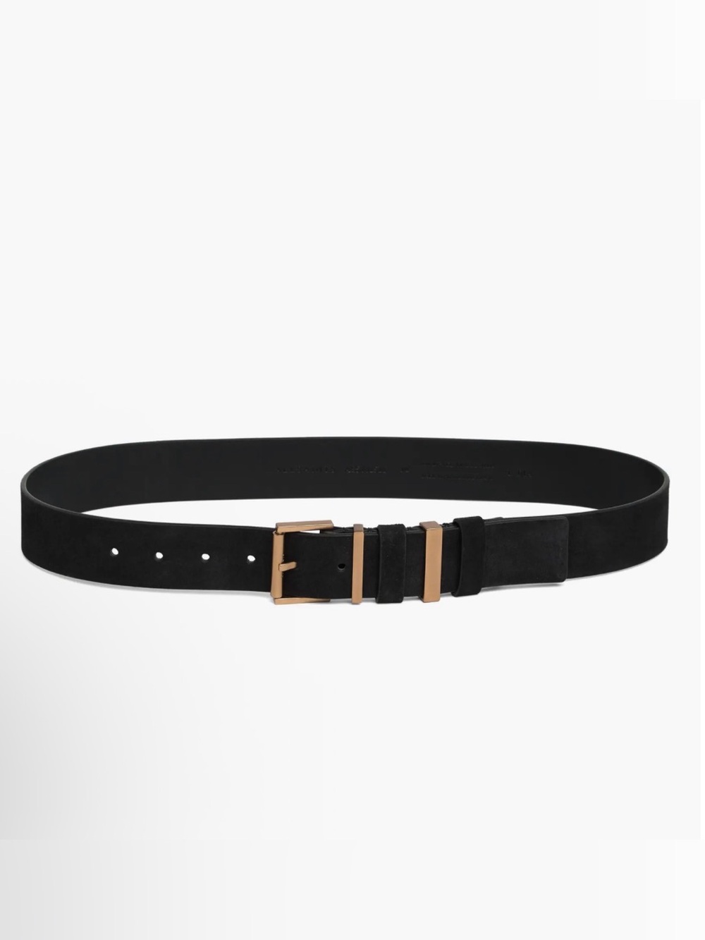 All Saints Keeper Black Suede Belt with Gold Tone Buckle